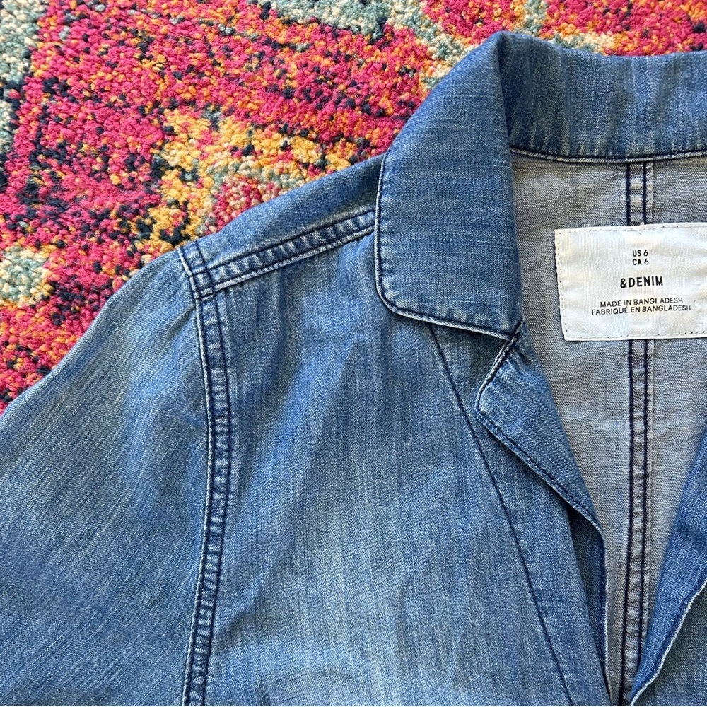 & Denim | Women's Medium Blue Lightweight Denim Jumpsuit tie waist hidden button - Picture 12 of 16